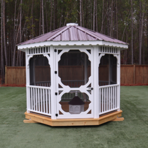 10x10 Octagon Gazebo - White - Screened - Single Burgundy Roof