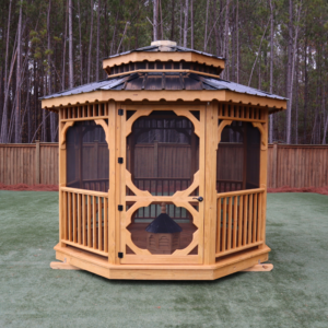 10x10 Octagon Gazebo - Stained - Double Black Roof - Screened